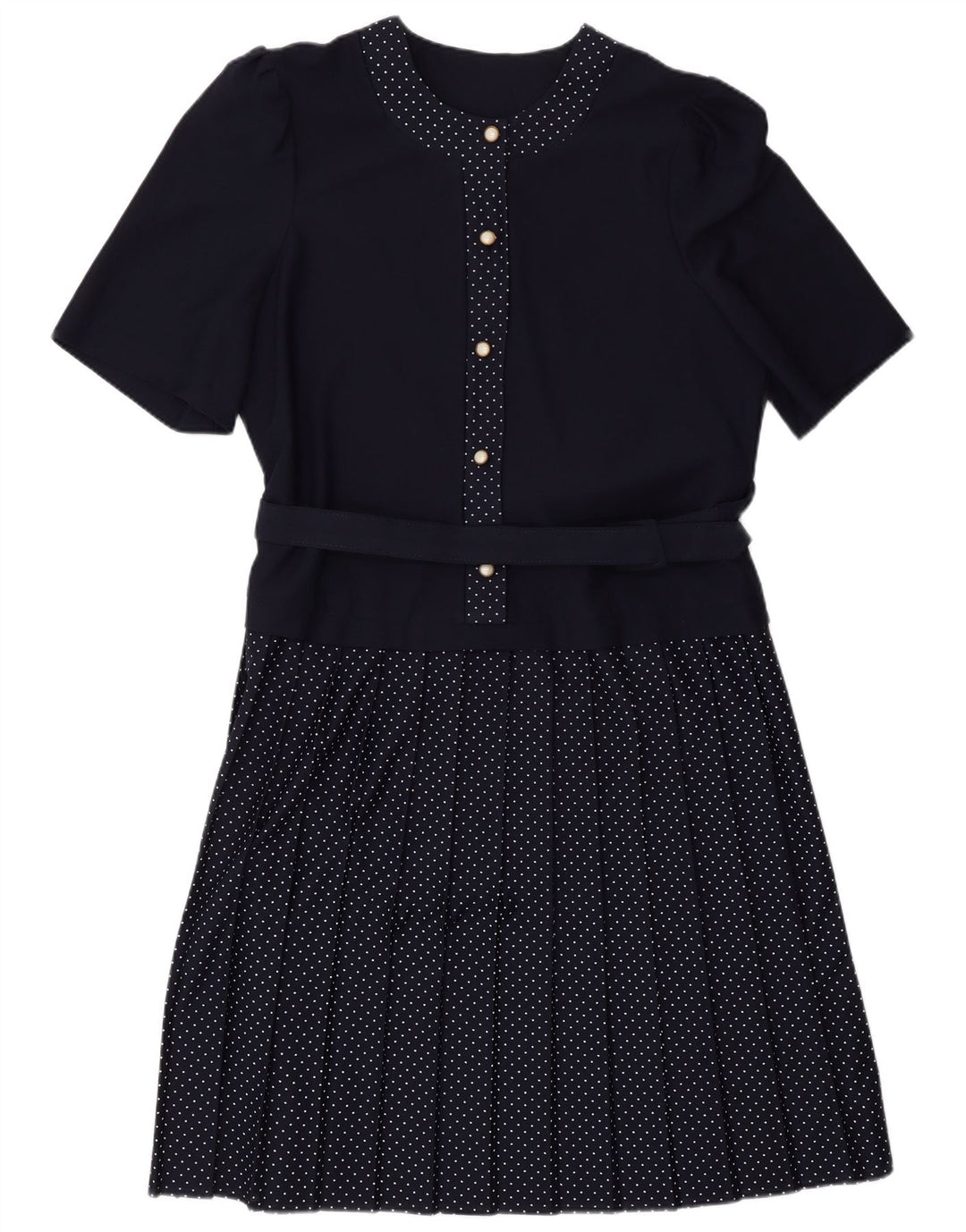 VINTAGE Robe A-Line Femme UK 16 Grand Bleu Marine Tacheté Polyester