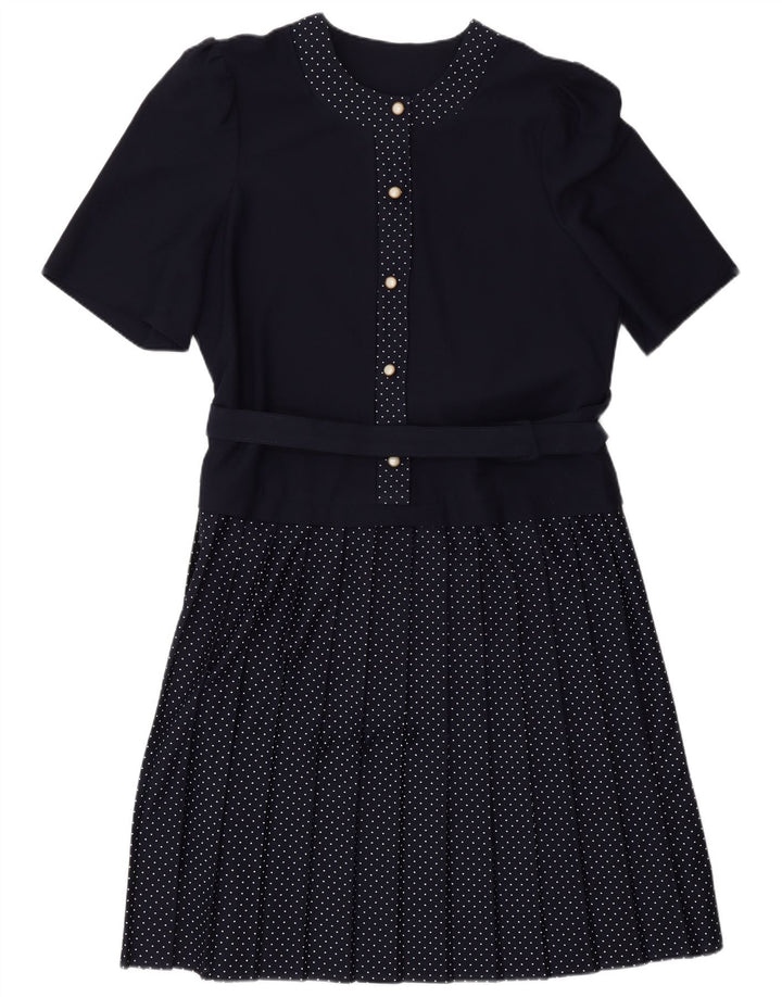 VINTAGE Robe A-Line Femme UK 16 Grand Bleu Marine Tacheté Polyester