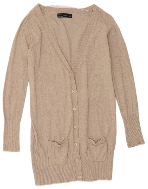 Zara Womens Longline Cardigan Sweater UK 10 Petit coton moucheté beige