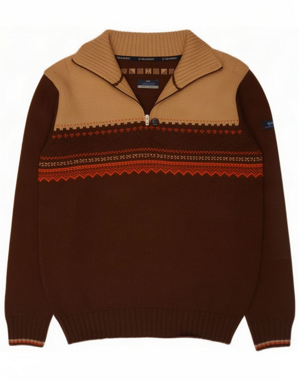 Il Granchio Pull col zippé pour homme en laine vierge géométrique marron large