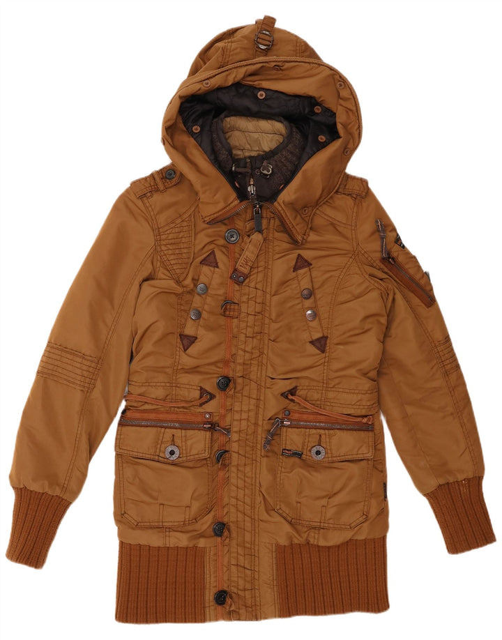 KHUJO Veste Parka Militaire à Capuche pour Femme UK 14 Marron Moyen Polyester