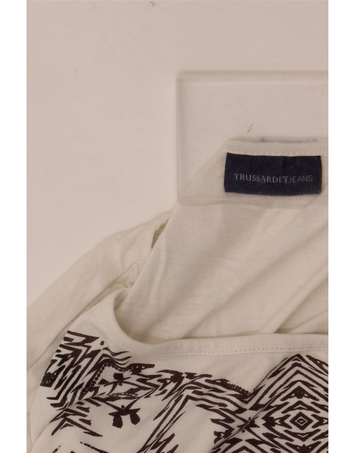 TRUSSARDI JEANS T-Shirt Graphique Femme UK 14 Grand Blanc Géométrique
