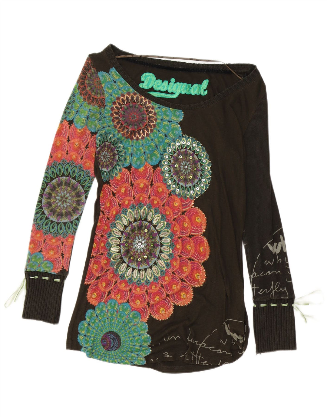 DESIGUAL Haut graphique à manches longues pour femme UK 10 Petit coton floral marron
