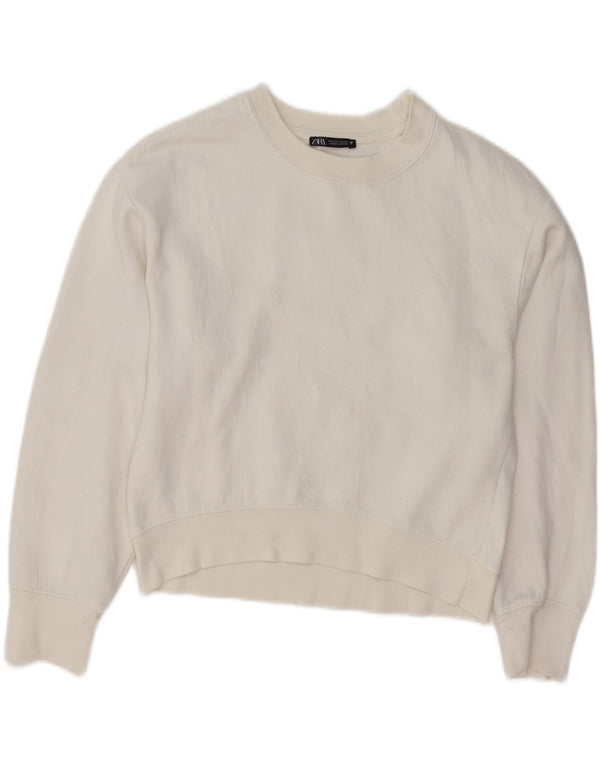 ZARA Femme Sweat-shirt court surdimensionné UK 10 Petit coton blanc