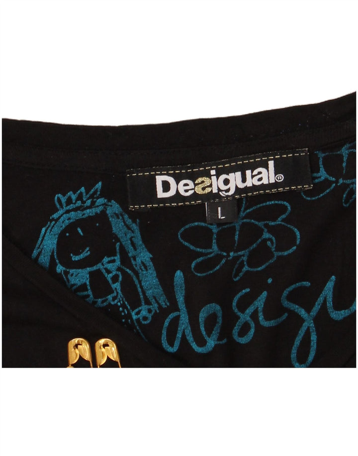 DESIGUAL Haut graphique à manches longues pour femme UK 16 Large Noir