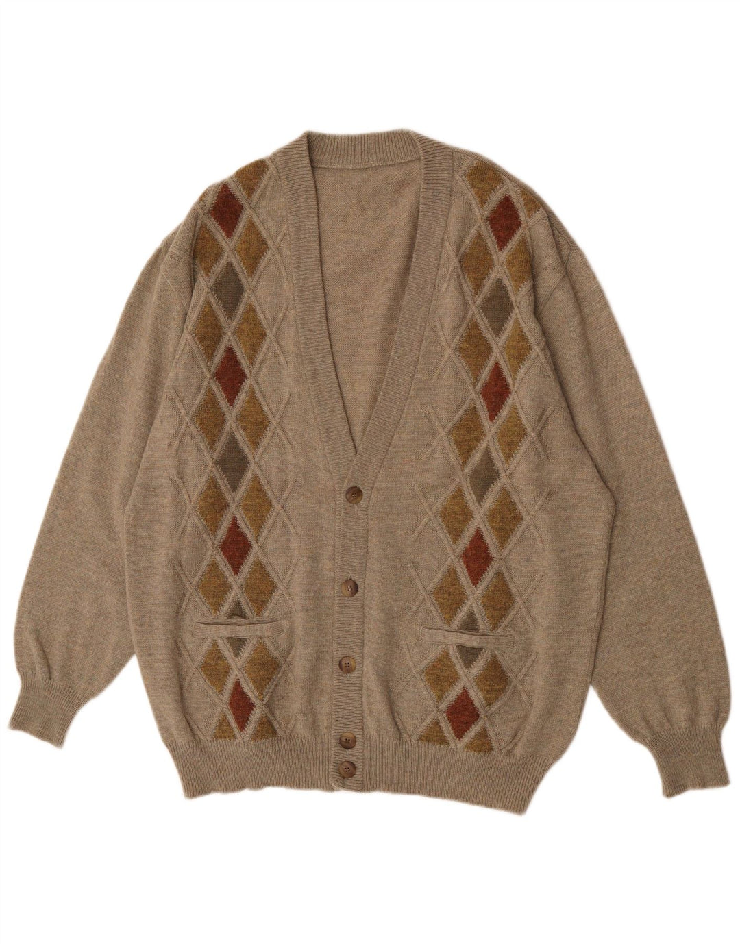 vintage Homme Cardigan Pull XL Marron Argyle/Diamant