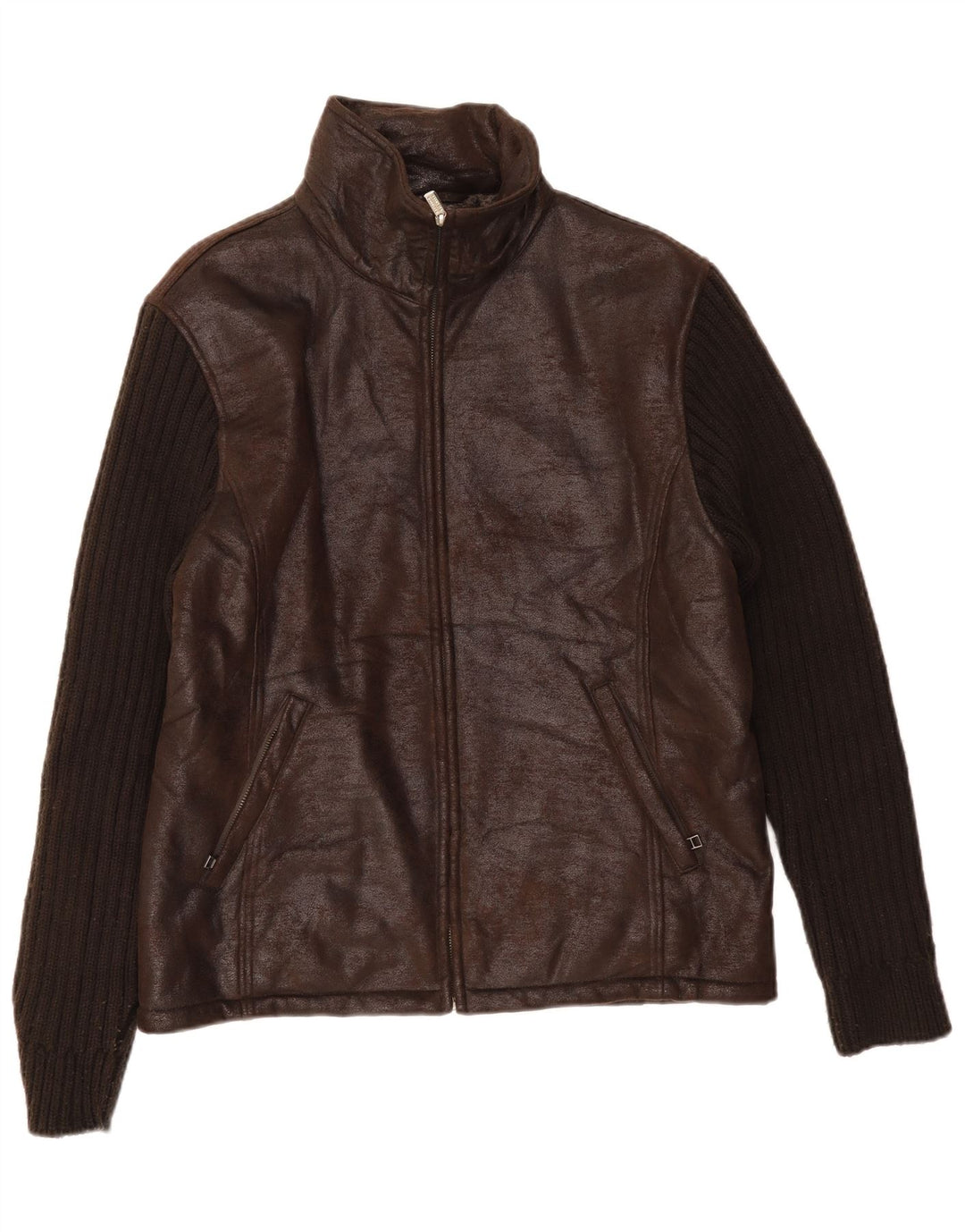 vintage Mens Faux Leather Jacket UK 36 Petit Marron Colourblock Polyester