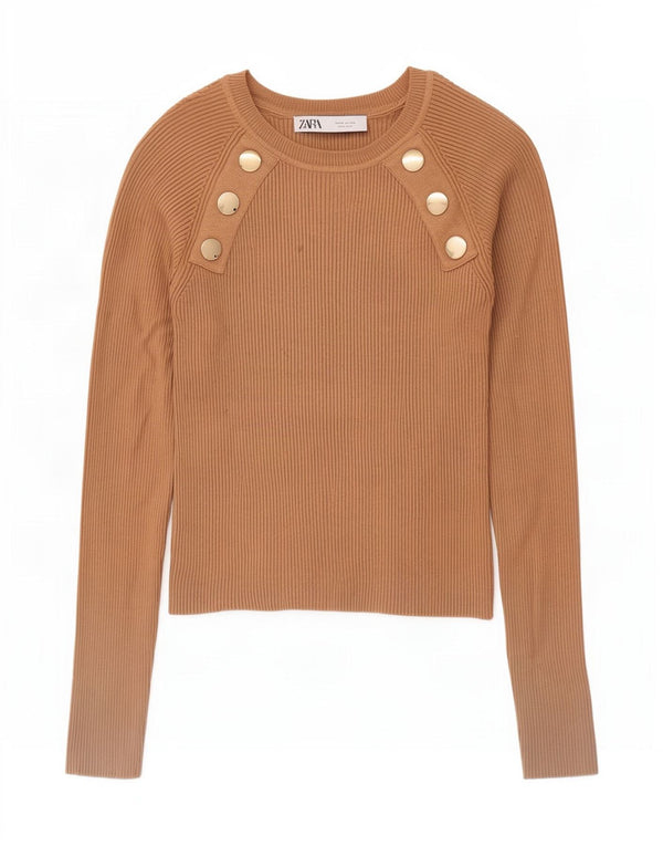 Zara Womens Crop Crew Neck Jumper Sweater UK 12 Medium Beige Viscose