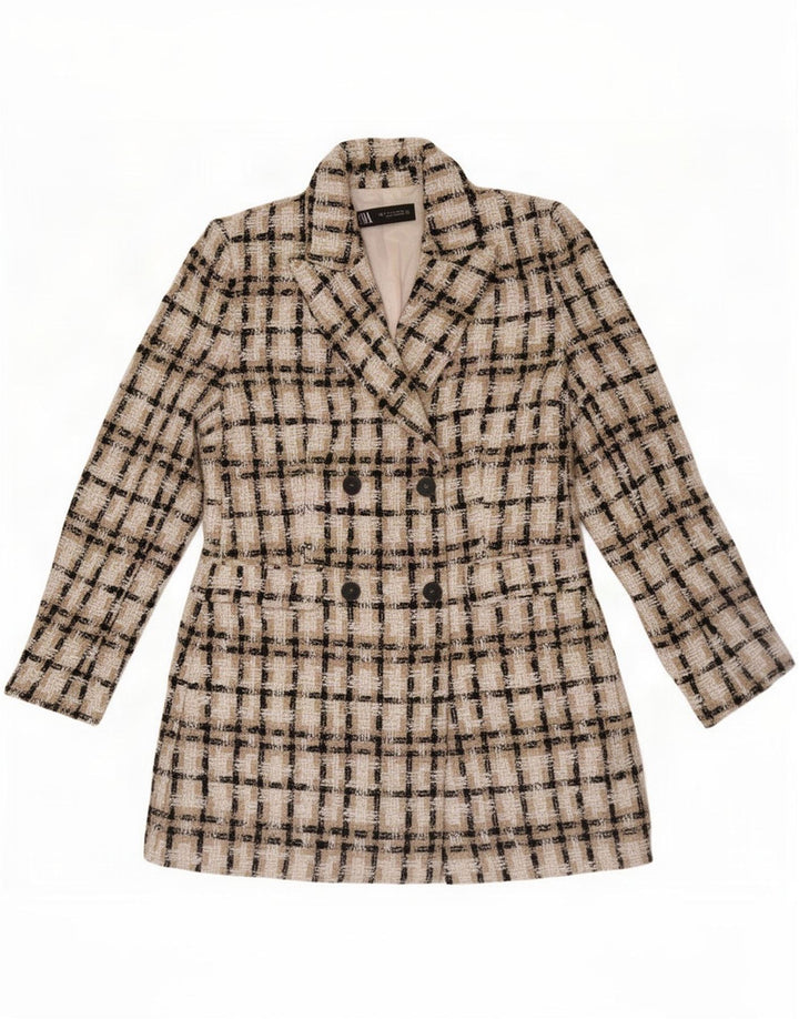 Zara Veste Blazer Double Boutonnage Femme UK 12 Medium Beige Check Acrylique