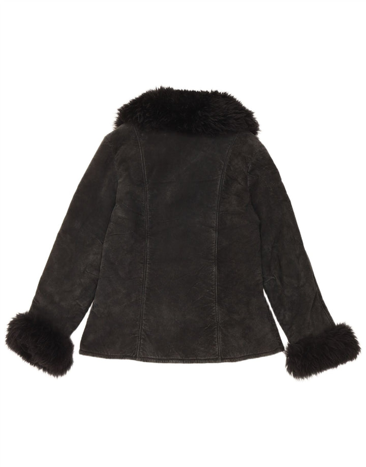 vintage Femme Sherpa Suède Veste UK 10 Petit Cuir Noir