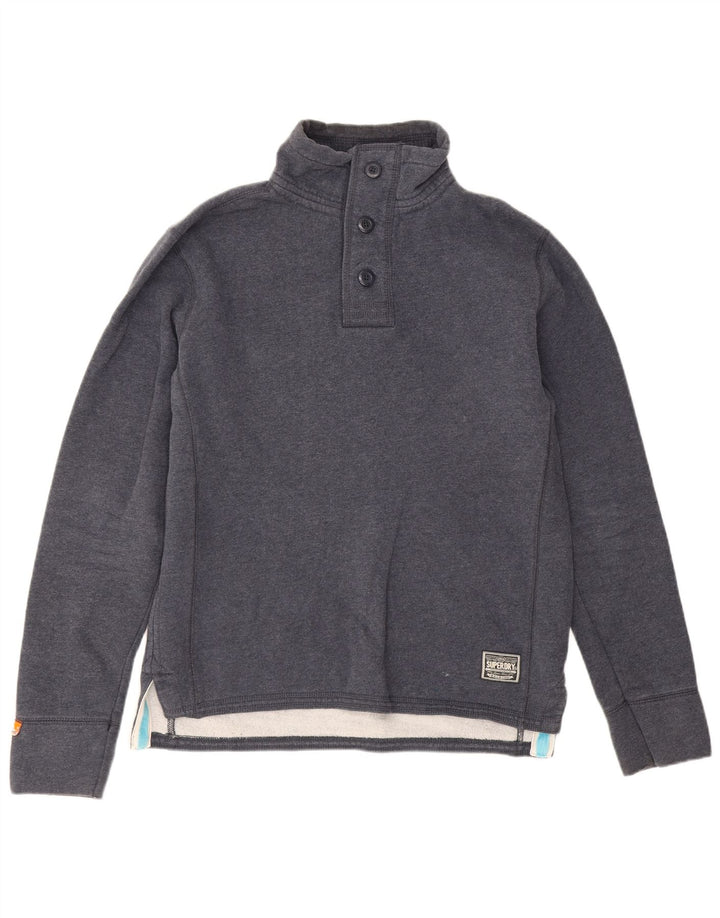 Superdry Homme Boutonné Col Sweatshirt Jumper Grand Bleu Marine Coton