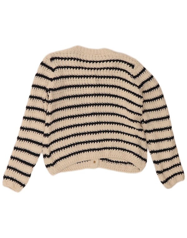 Zara Womens Crop Cardigan Sweater UK 14 Medium Off White Rayé Coton