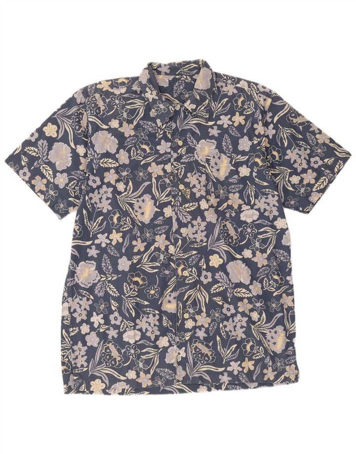 VINTAGE Mens Short Sleeve Shirt Medium Navy Blue Floral Cotton
