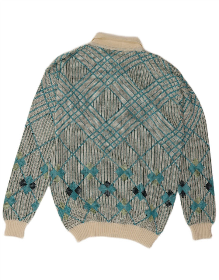 vintage Mens Polo Neck Jumper Pull Moyen Bleu Géométrique
