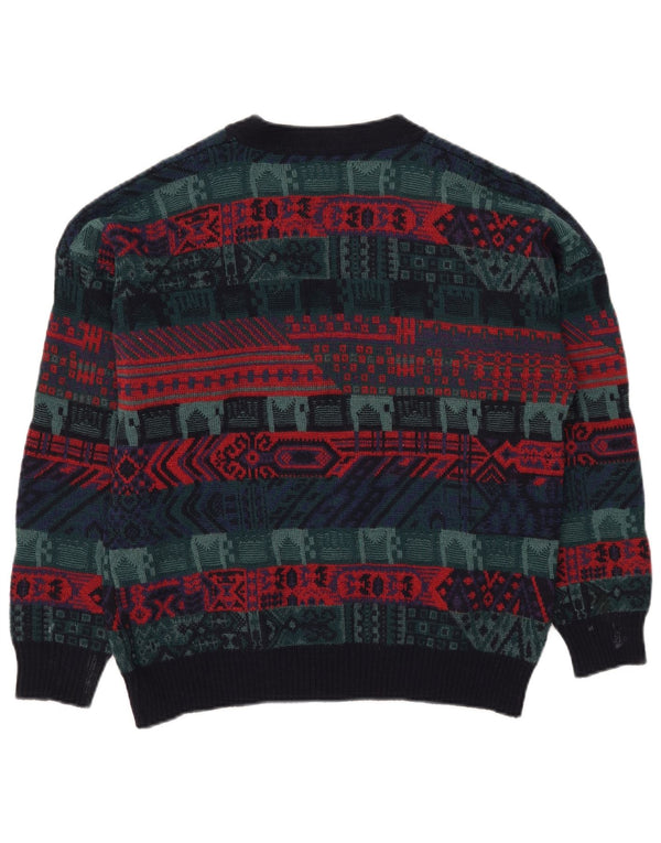 vintage Mens Cardigan Sweater IT 52 Grande laine géométrique multicolore