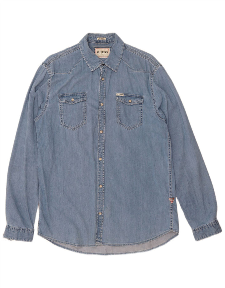 Guess Chemise en Jean Coupe Slim Homme Bleu Moyen Coton
