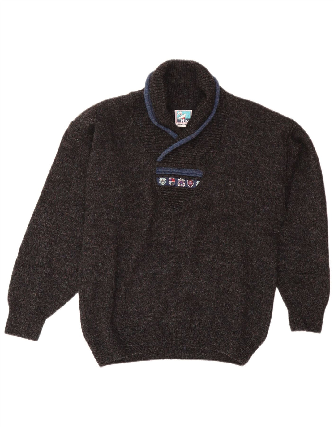 vintage Mens Shawl Neck Jumper Pull Moyen Marine Bleu Laine