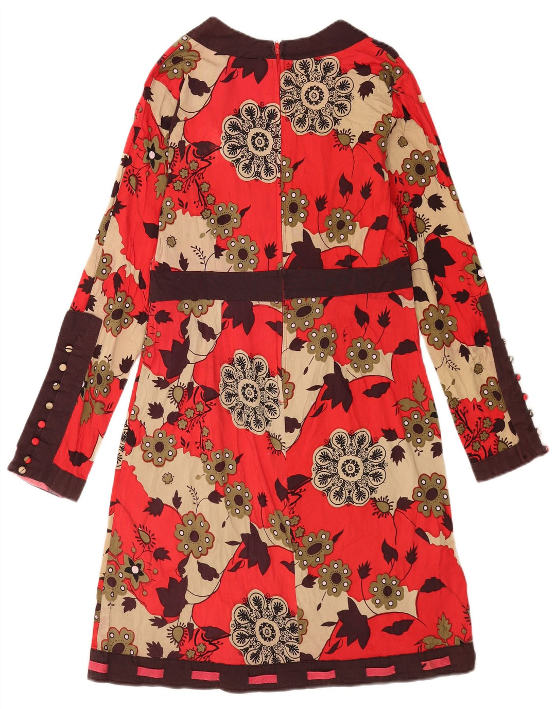 vintage Femmes Robe de base à manches longues UK 12 Coton floral rouge moyen