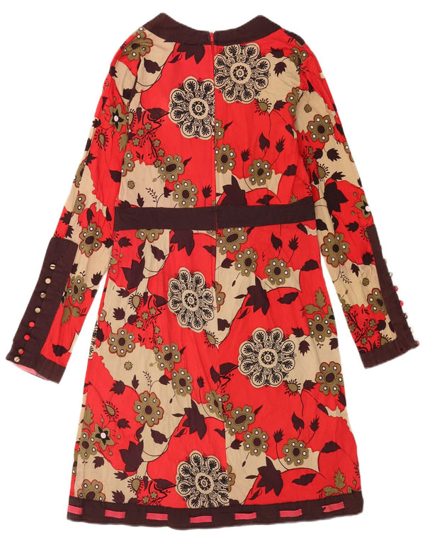 vintage Femmes Robe de base à manches longues UK 12 Coton floral rouge moyen