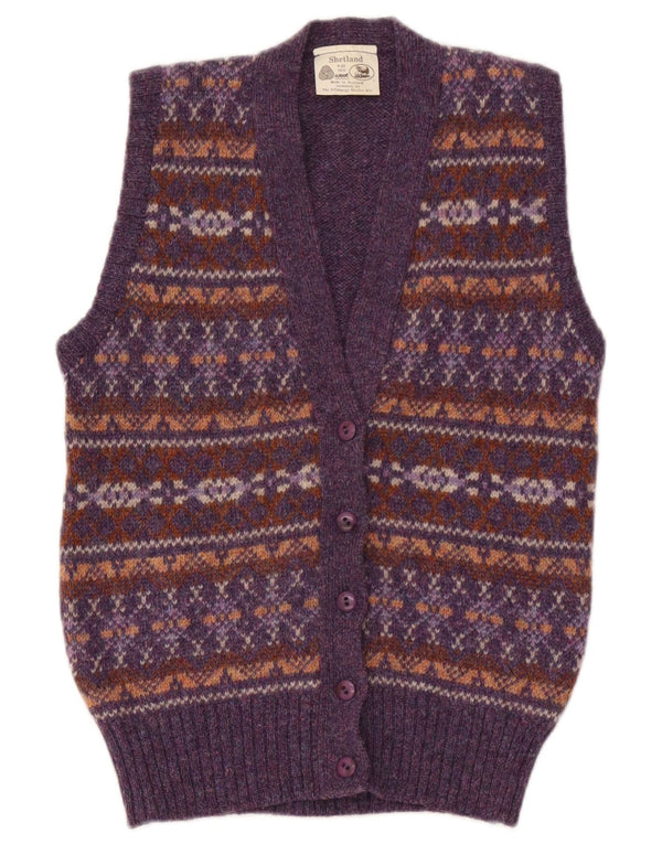 vintage Femmes Sans Manches Cardigan Pull UK 36 Petit Violet Fair Isle
