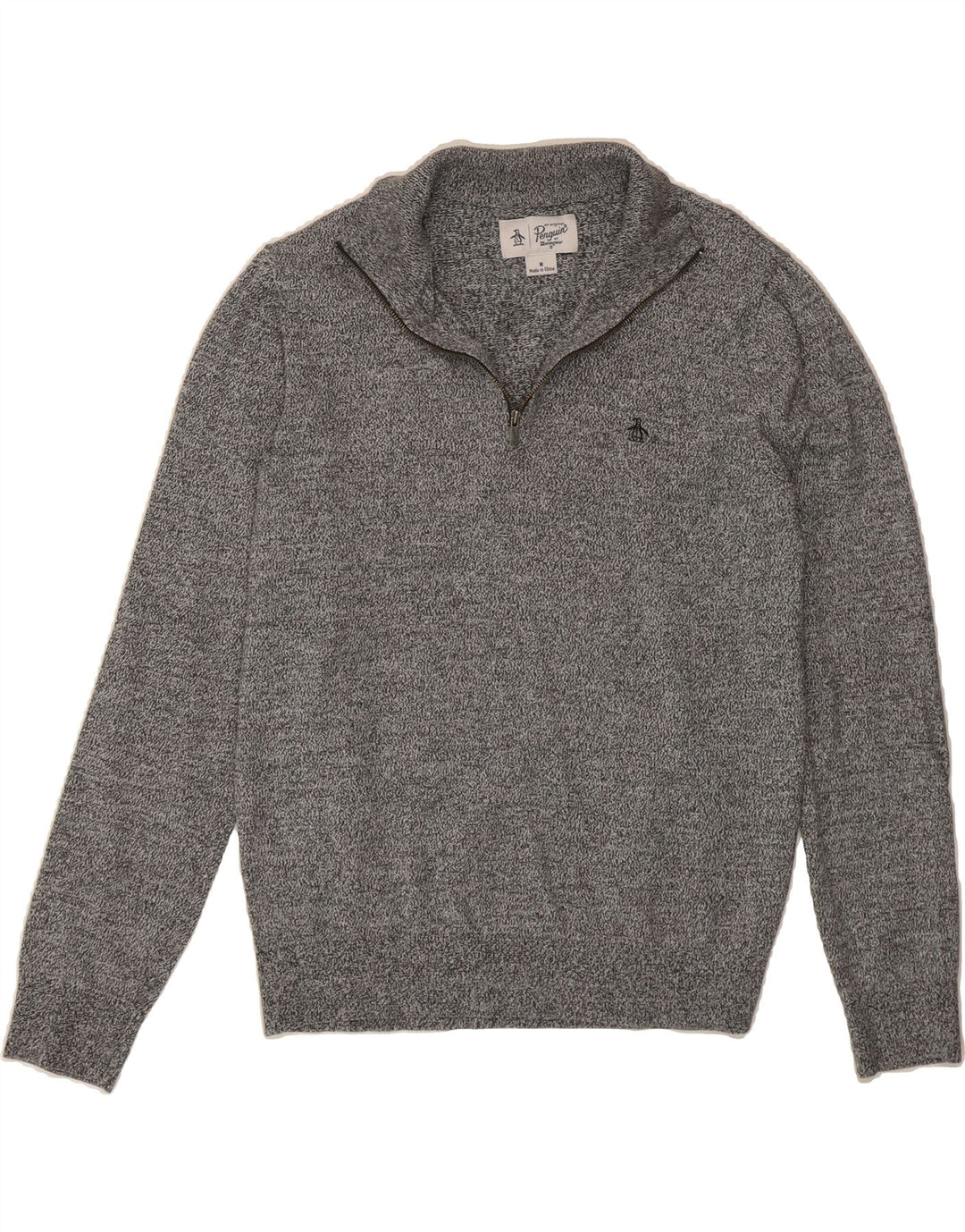PENGUIN Womens Zip Neck Jumper Sweater UK 14 Medium Grey Cotton Vintage Penguin and Second-Hand Penguin from Messina Hembry 