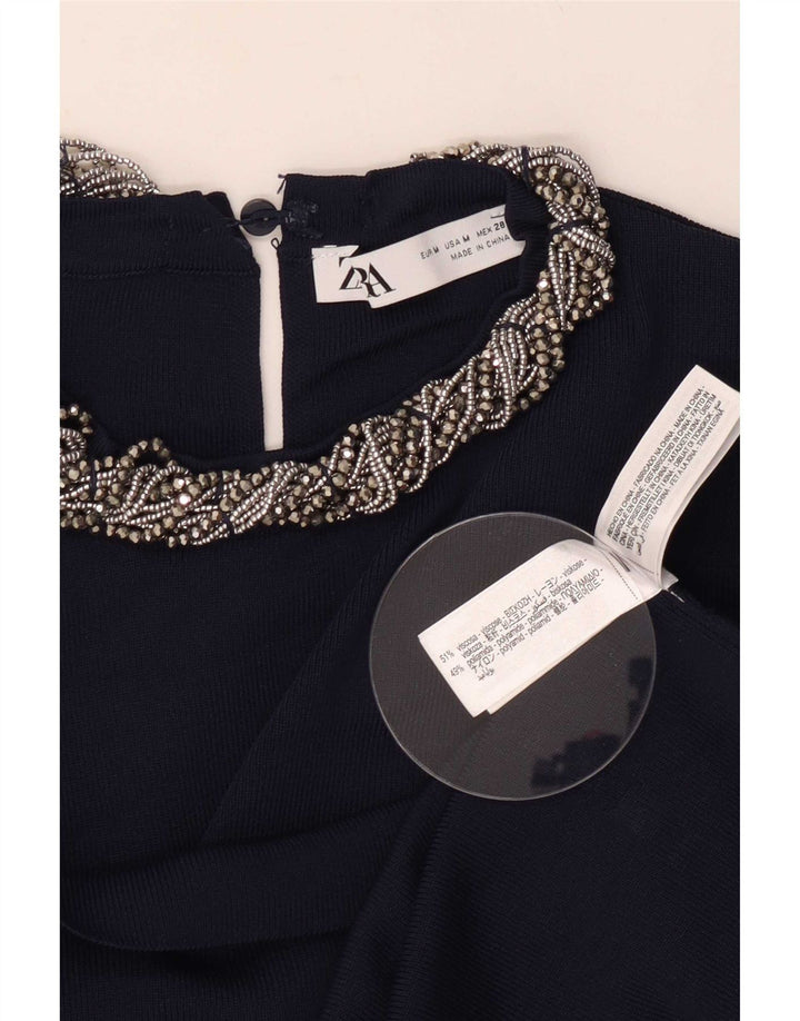 Zara Womens Crop Blouse Top UK 12 Bleu Marine Moyen Viscose