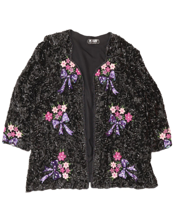 vintage Femmes Sequin Cardigan Top UK 24 4XL Soie florale noire