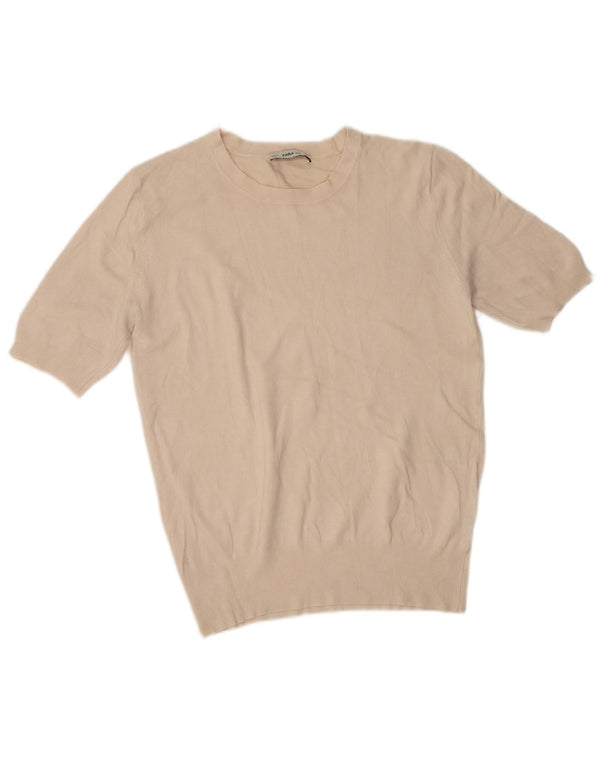 Zara Pull à manches courtes et col bateau pour femme UK 10 Small Beige Viscose