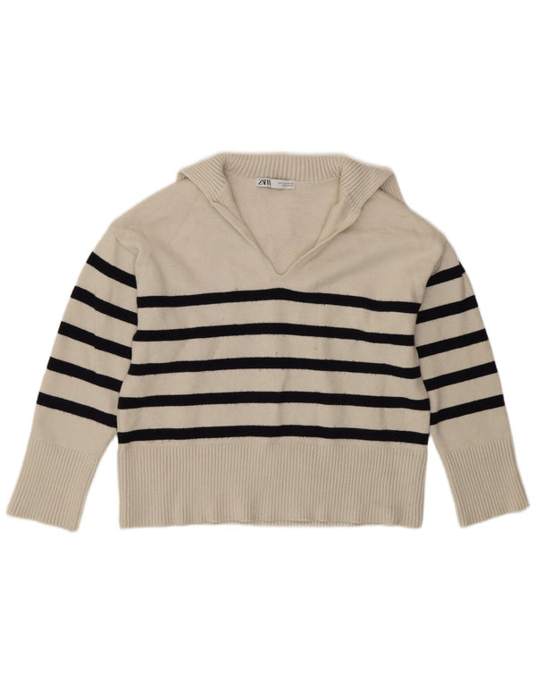 Zara Pull surdimensionné à col polo pour femme UK 10 Petit rayé blanc