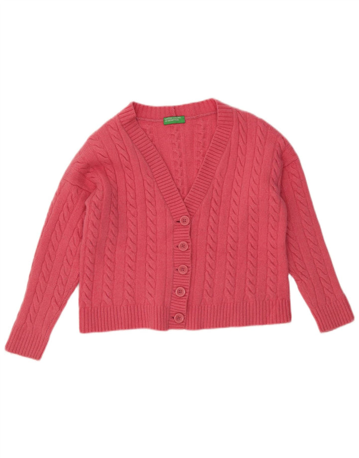 BENETTON Pull cardigan court pour femme UK 14 Laine rose moyen