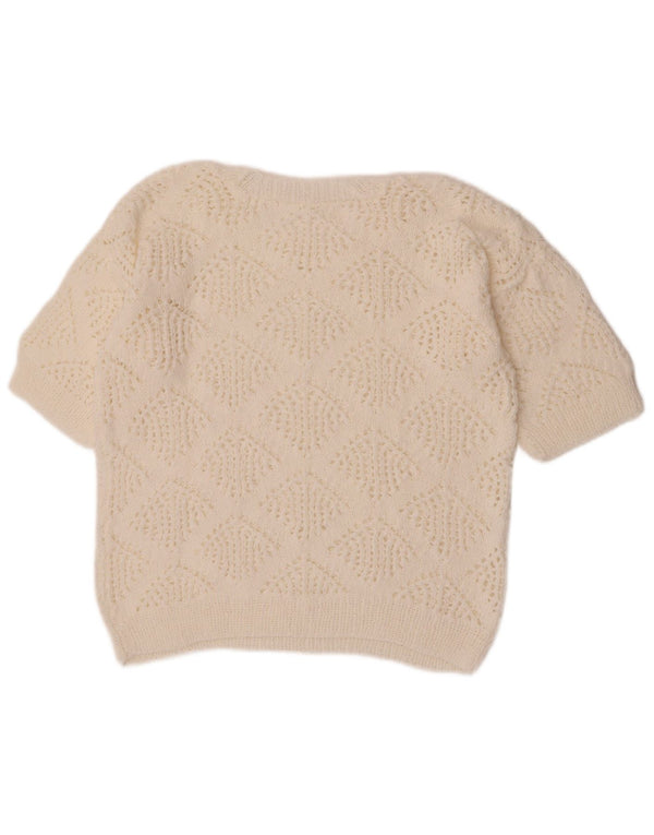 vintage Femmes Crop Crew Neck Jumper Pull UK 14 Moyen Blanc