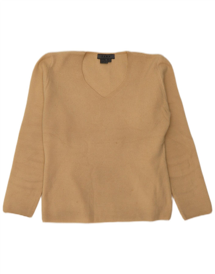 Zara Femme Pull Col V UK 16 Large Beige Laine
