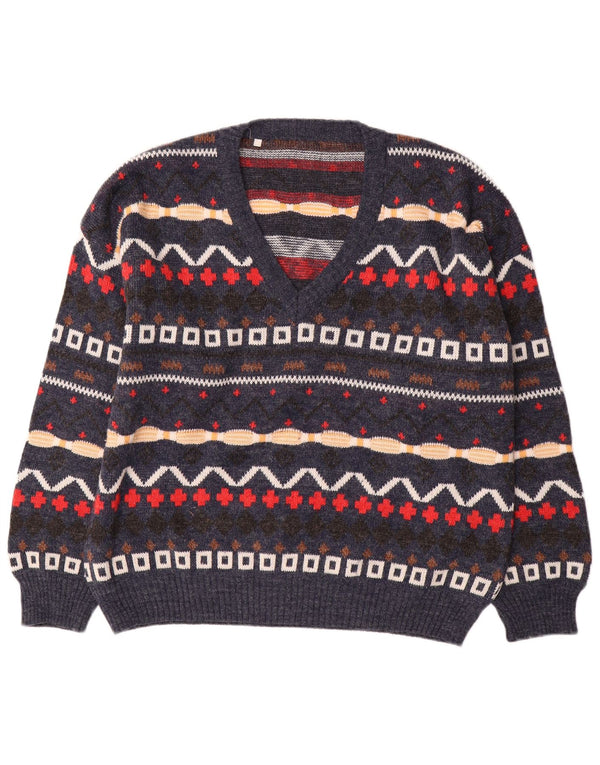 vintage Mens V-Col Jumper Pull XL Bleu Marine Géométrique Laine