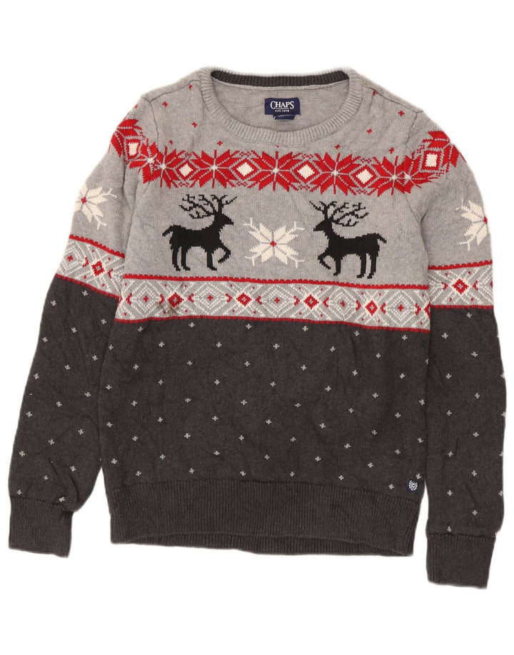 Chaps Pull col bateau pour homme en coton Fair Isle Gris Taille S