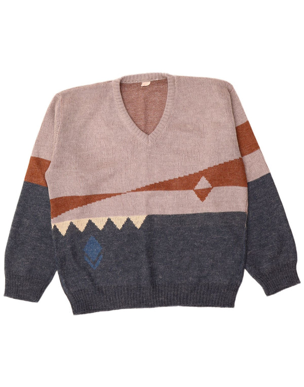 vintage Homme Col V Pull Pull IT 56 XL Bleu Marine Colourblock