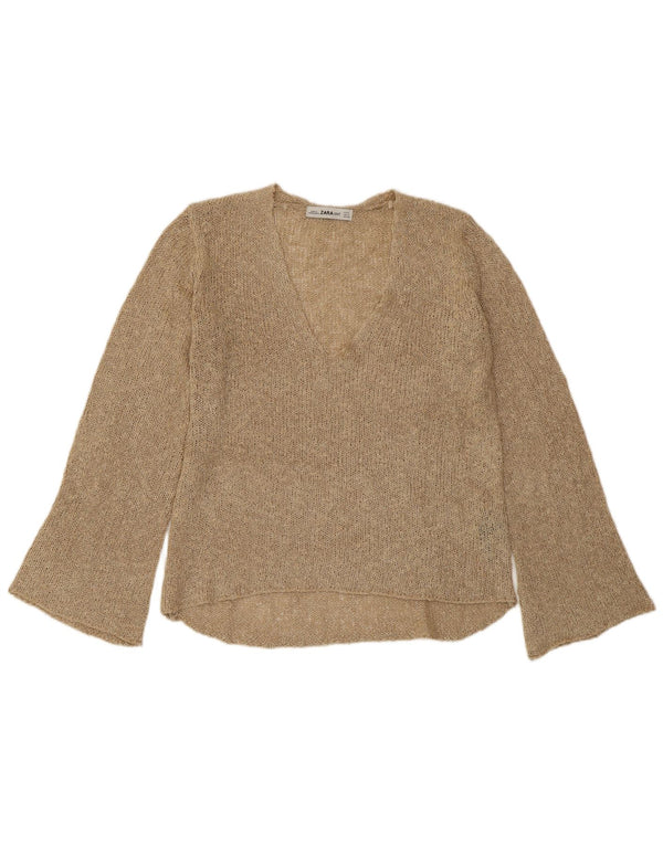 ZARA Pull col en V pour femme UK 10 Petit Acrylique Beige