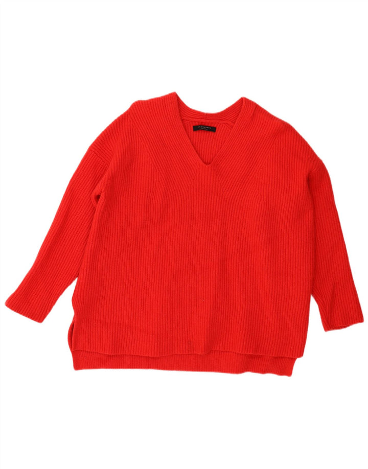 All Saints Pull surdimensionné à col en V pour femme UK 14 Laine rouge moyen
