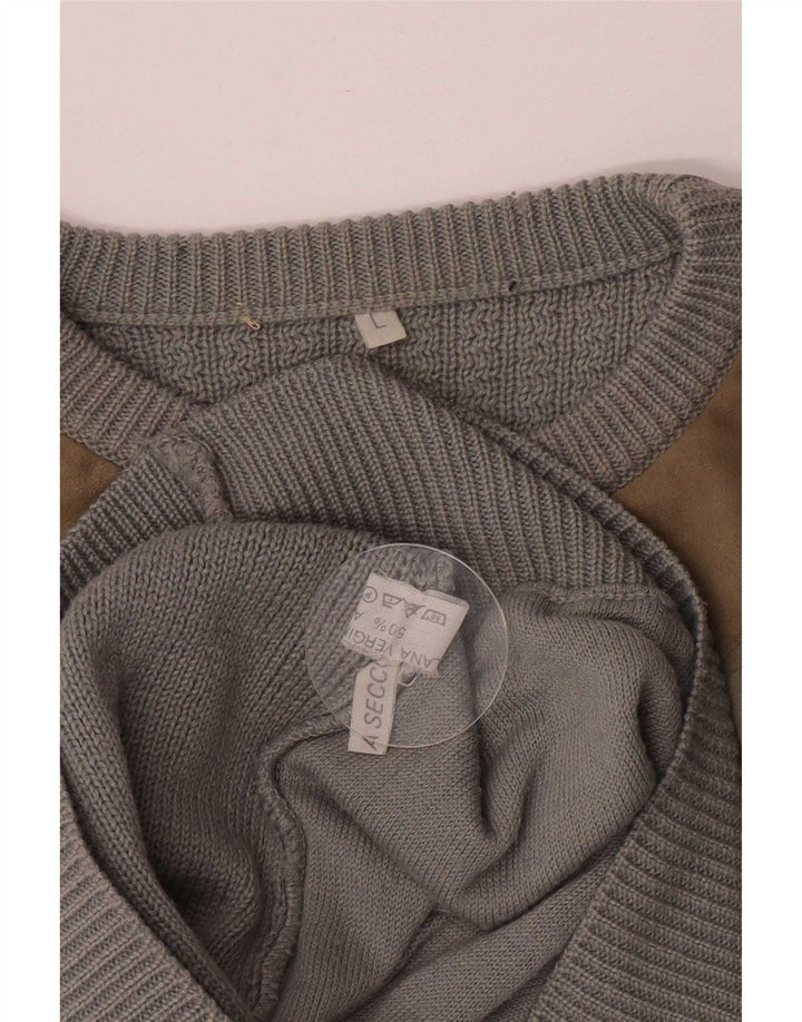 vintage Mens Crew Neck Jumper Pull Grande Laine Colorblock Grise