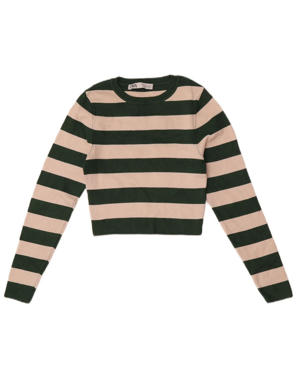 Zara Womens Crop Top Manches Longues UK 12 Viscose Rayé Vert Moyen