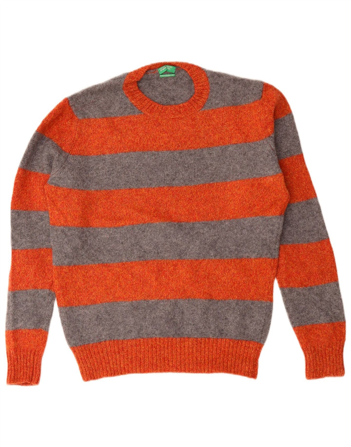 BENETTON Pull col rond pour homme en laine vierge rayée orange