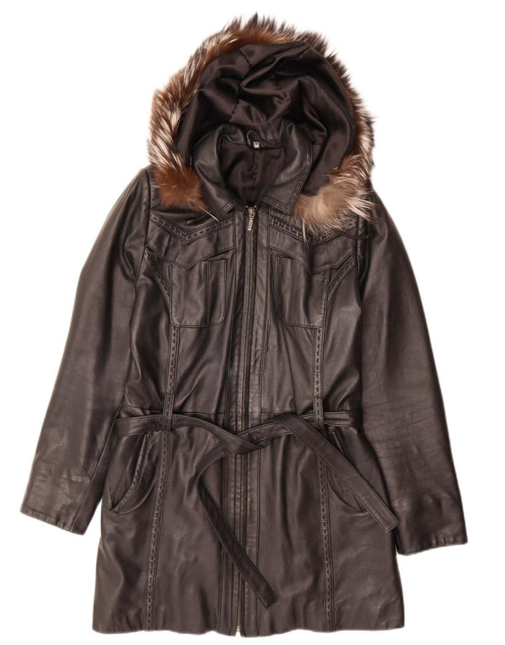 manteau en cuir à capuche femme vintage UK 14 Noir Moyen