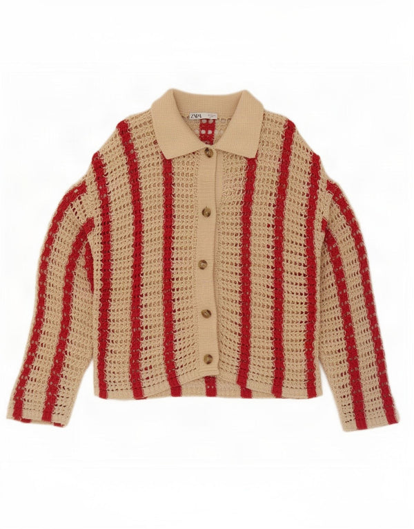 Zara Womens Oversize Crochet Cardigan Pull UK 10 Petit Beige Rayé