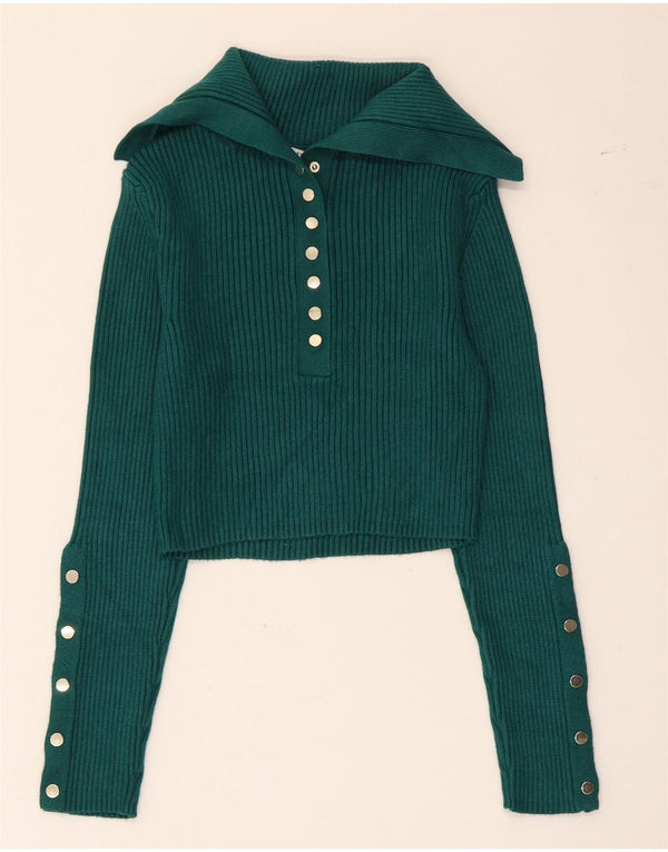 Zara Pull court à col polo pour femme UK 12 Viscose vert moyen