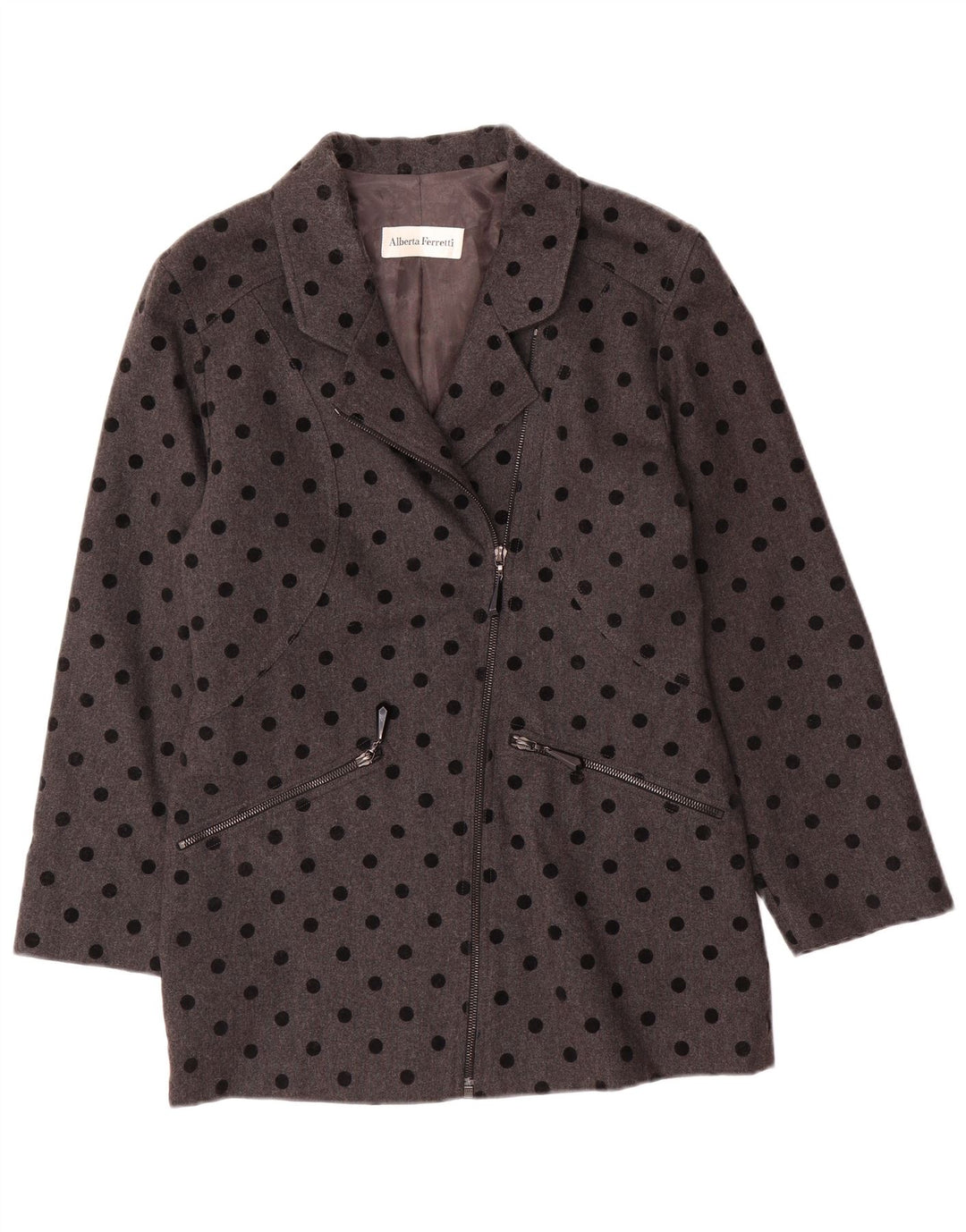 ALBERTA FERRETTI Manteau Femme UK 8 Petit Gris à Pois Laine
