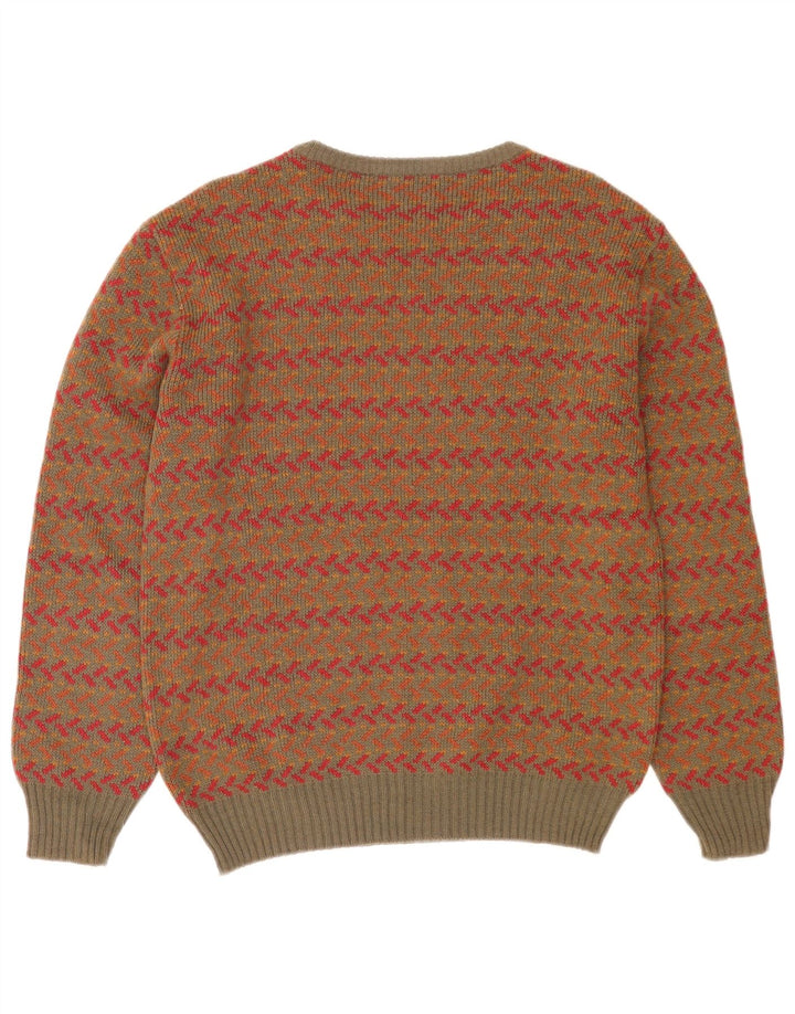 vintage Mens Crew Neck Jumper Pull Moyen Kaki Laine Géométrique