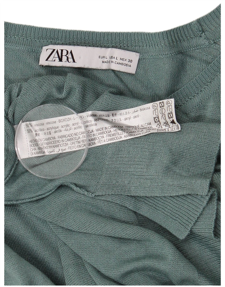 ZARA Femme Pull Col Bateau UK 16 Large Vert Viscose