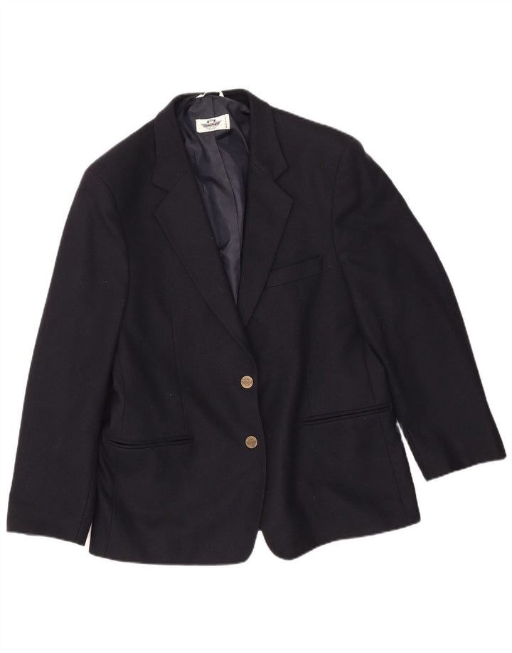 vintage Femme 3/4 Manches 2 Bouton Blazer Veste IT 46 Grande Laine Bleu Marine