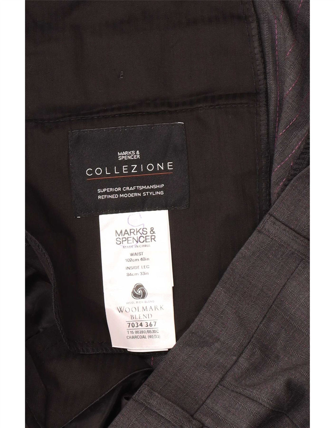 Marks & Spencer Pantalon de Costume Droit Homme W40 L33 Gris Laine