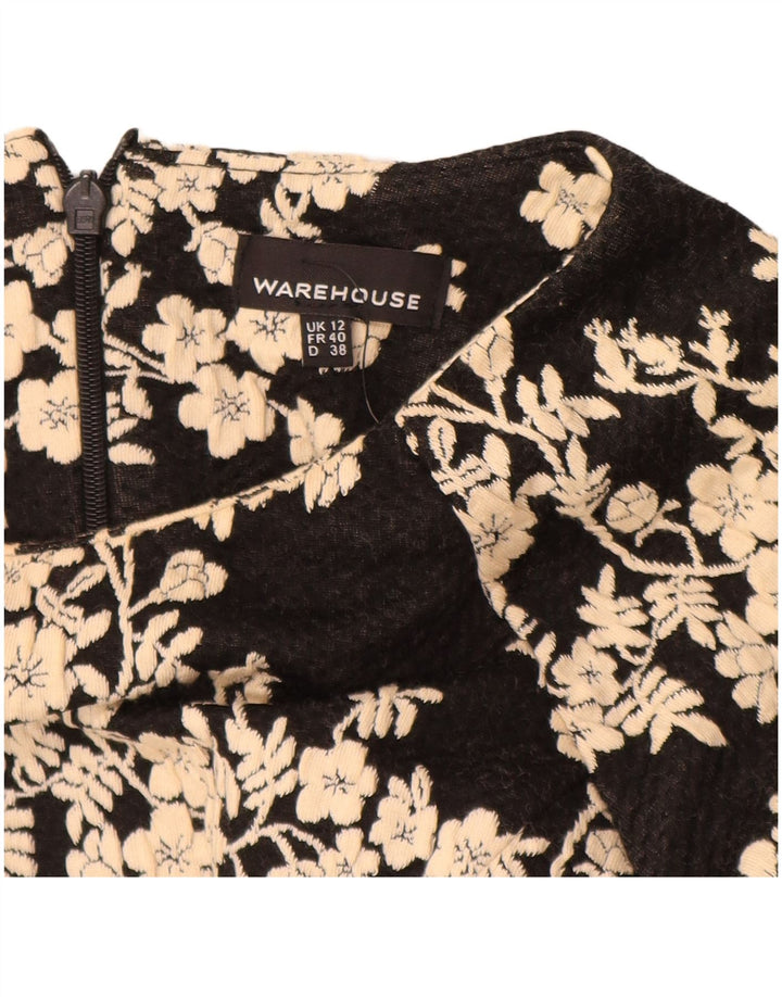 WAREHOUSE Robe fourreau à manches 3/4 pour femme UK 12 en coton floral noir moyen