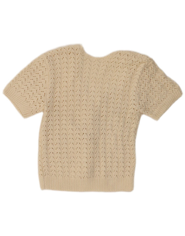 VINTAGE Femmes Manches Courtes Crochet Cardigan Pull UK 10 Petit Beige